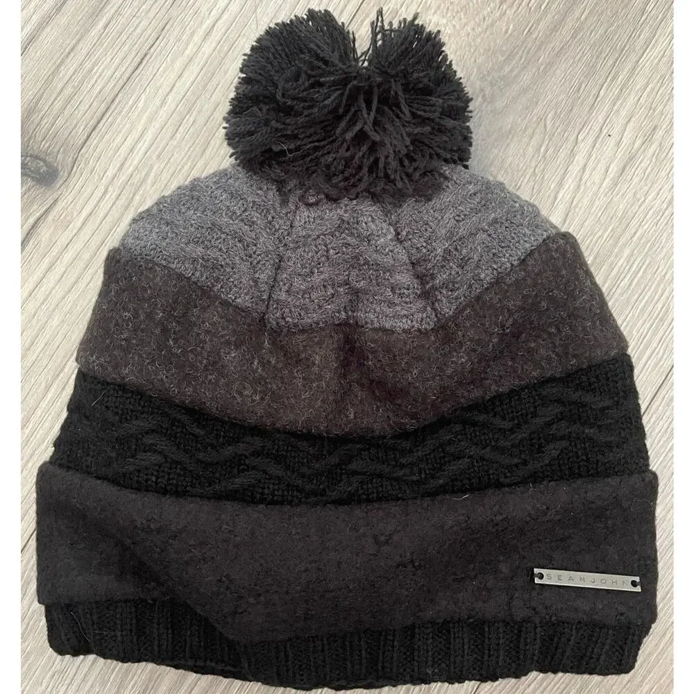 Sean John Mixed Media Wool Pom Stripe Beanie Macy's Exclusive Hat - Black - $32